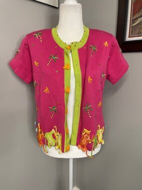Jack B Quick Monkey Bananas Palm Tree Pink Cardigan Sweater Women’s Small Funky